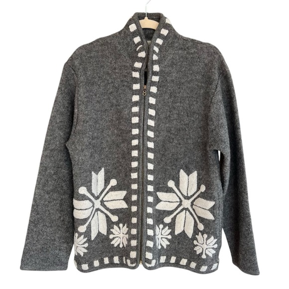 Vintage Laura Leigh Snowflake Boiled Wool Jacket Grey White Large Cozy Winter - Picture 1 of 4